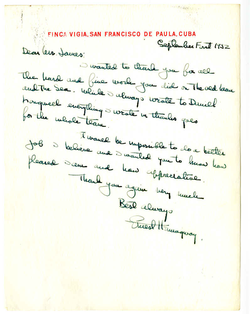 Ernest Hemingway Letter